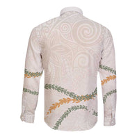 Aloha Lei Mikioi Long Sleeve Button Shirt Beige Polynesian Tribal Tatau Pattern LT9 - Polynesian Pride