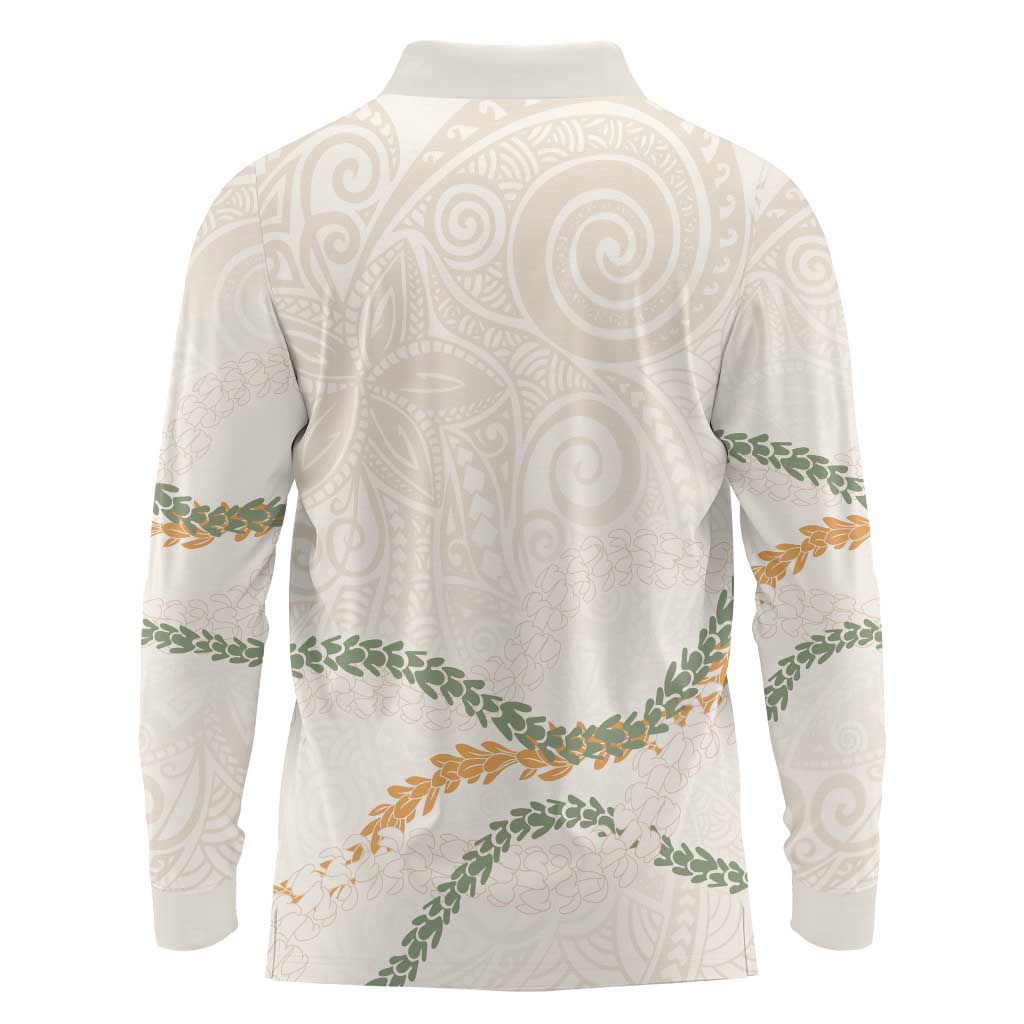 Aloha Lei Mikioi Long Sleeve Polo Shirt Beige Polynesian Tribal Tatau Pattern LT9 - Polynesian Pride