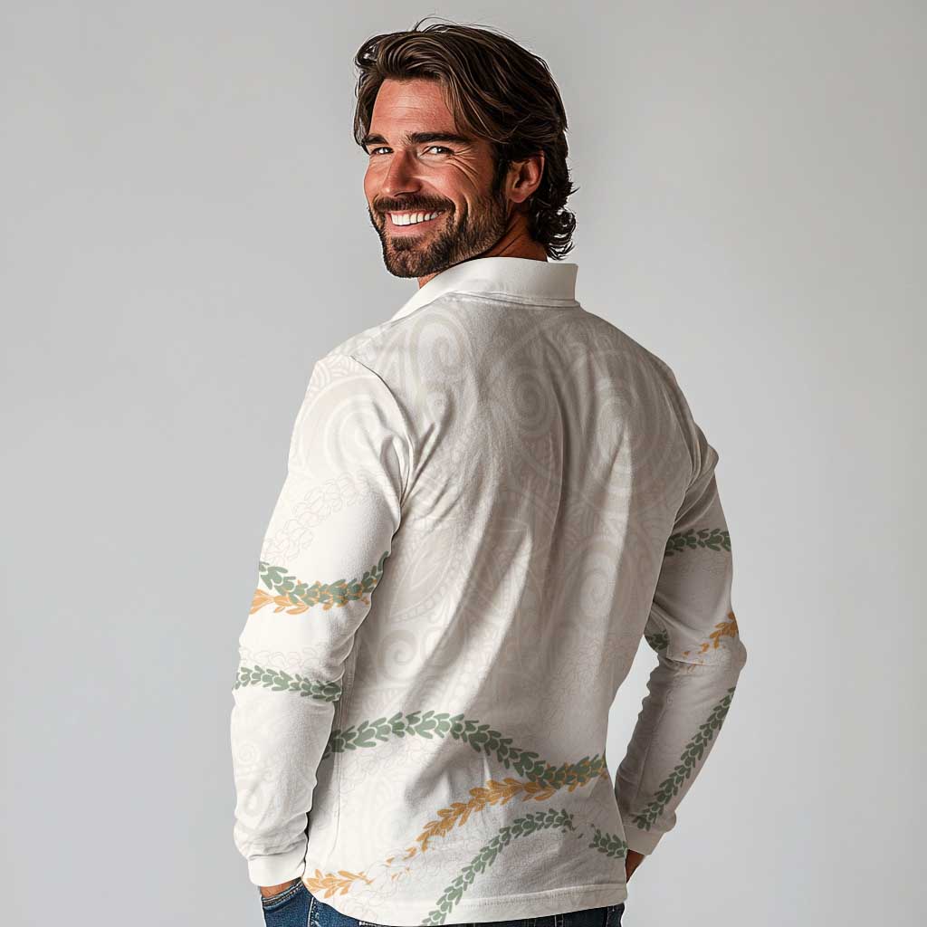 Aloha Lei Mikioi Long Sleeve Polo Shirt Beige Polynesian Tribal Tatau Pattern LT9 - Polynesian Pride