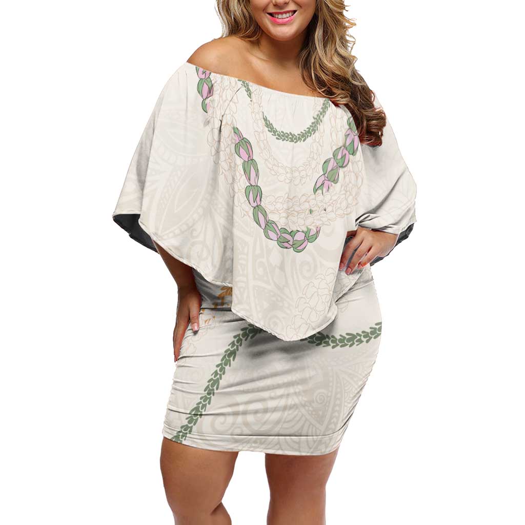 Aloha Lei Mikioi Off Shoulder Short Dress Beige Polynesian Tribal Tatau Pattern