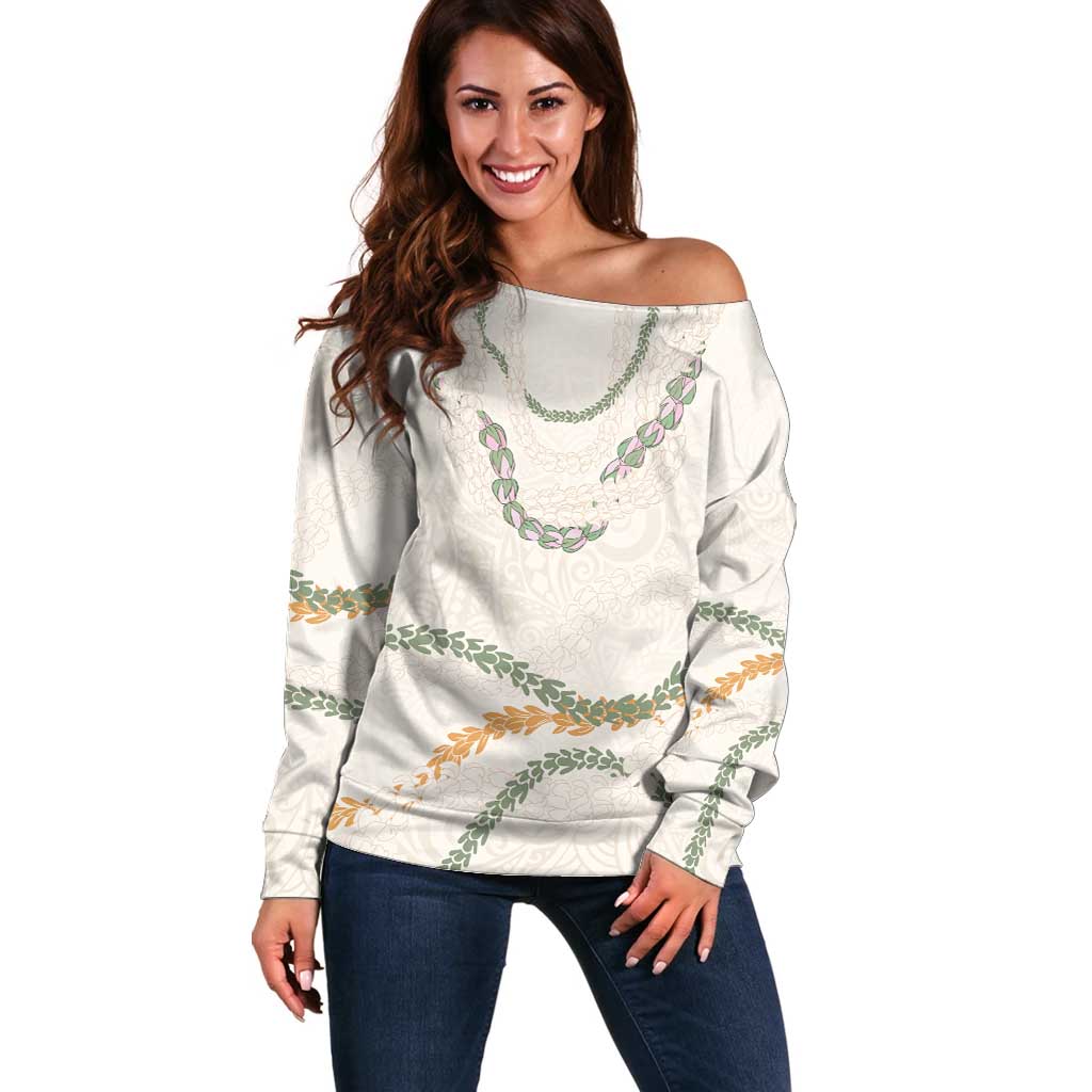 Aloha Lei Mikioi Off Shoulder Sweater Beige Polynesian Tribal Tatau Pattern