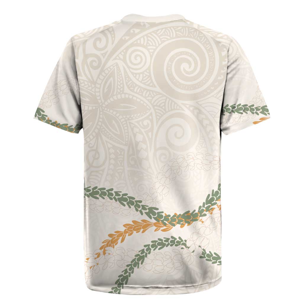 Aloha Lei Mikioi Rugby Jersey Beige Polynesian Tribal Tatau Pattern