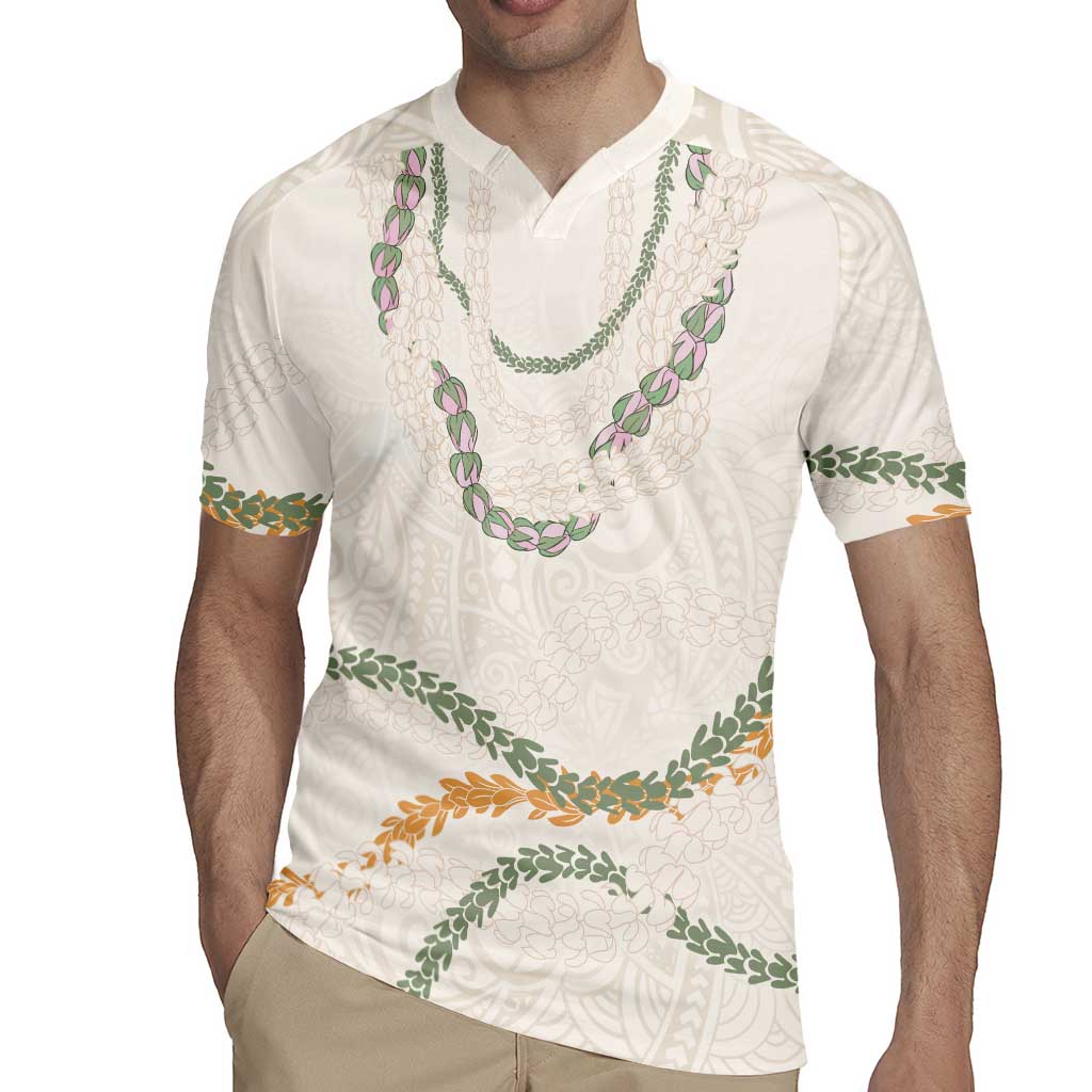 Aloha Lei Mikioi Rugby Jersey Beige Polynesian Tribal Tatau Pattern