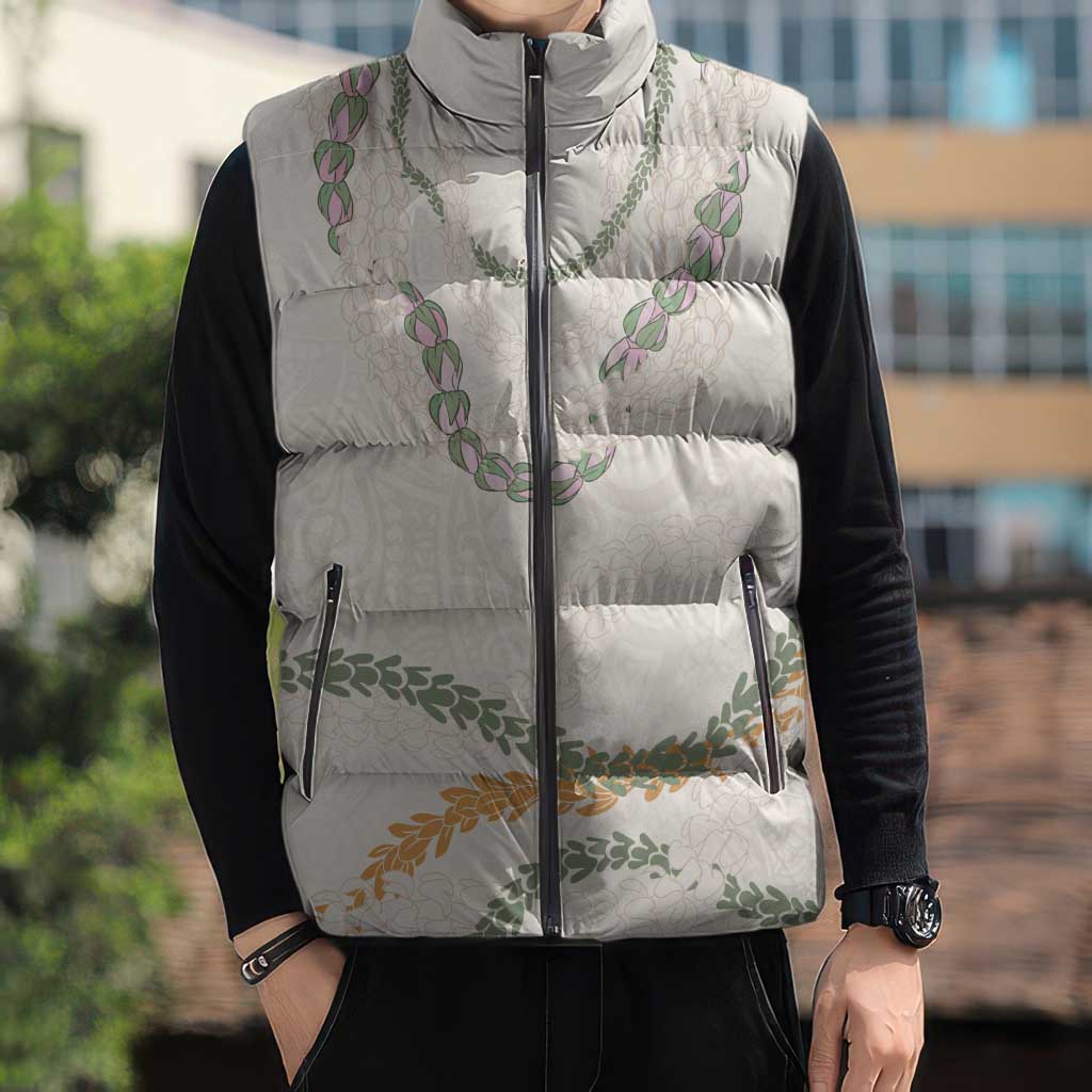 Aloha Lei Mikioi Sleeveless Puffer Jacket Beige Polynesian Tribal Tatau Pattern LT9 - Polynesian Pride