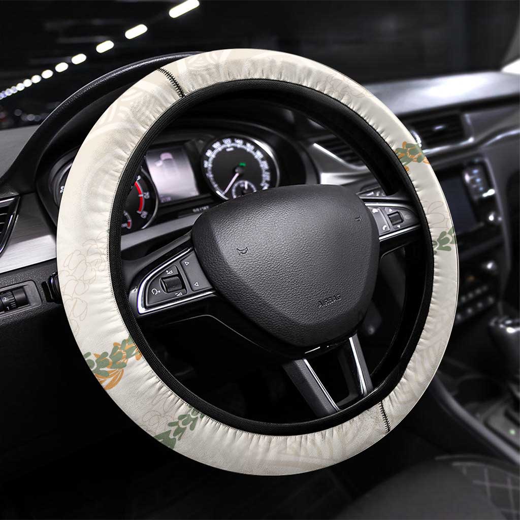 Aloha Lei Mikioi Steering Wheel Cover Beige Polynesian Tribal Tatau Pattern LT9 Universal Fit Beige - Polynesian Pride
