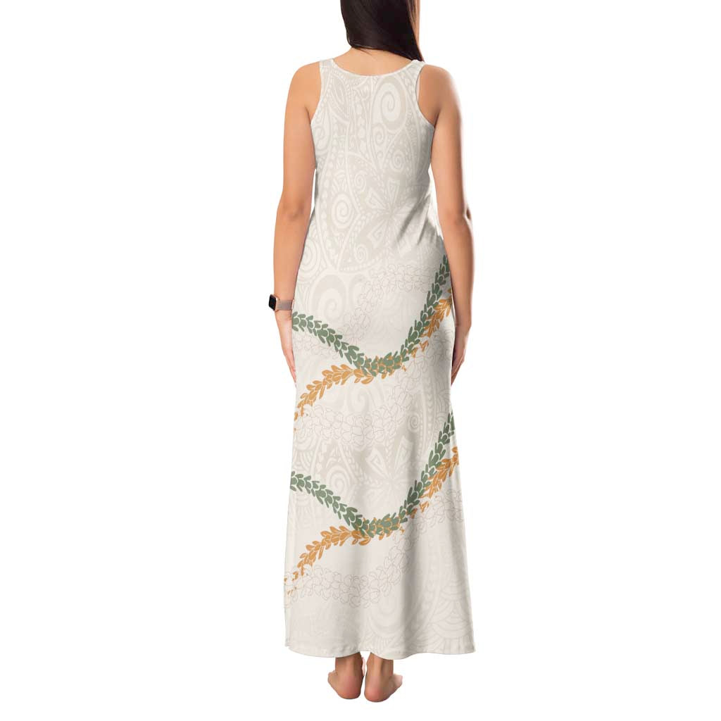 Aloha Lei Mikioi Tank Maxi Dress Beige Polynesian Tribal Tatau Pattern