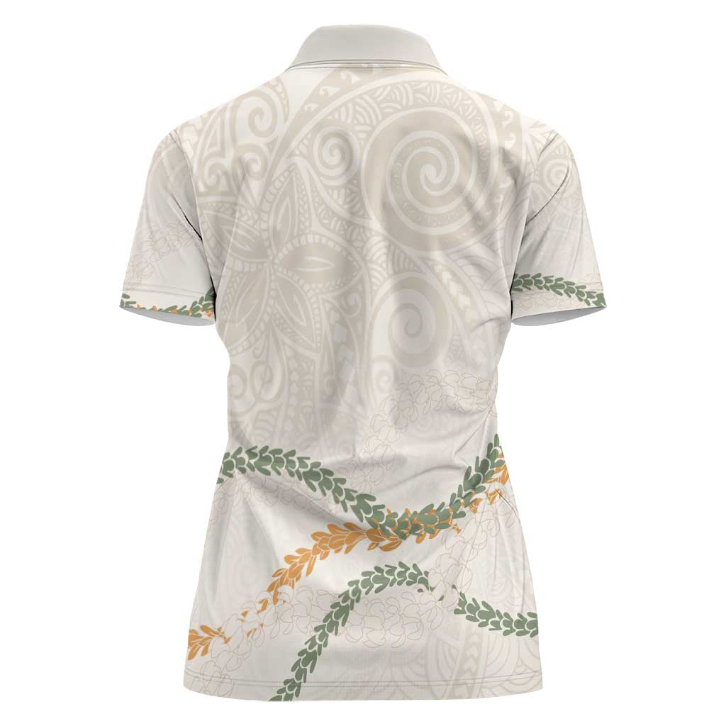 Aloha Lei Mikioi Women Polo Shirt Beige Polynesian Tribal Tatau Pattern