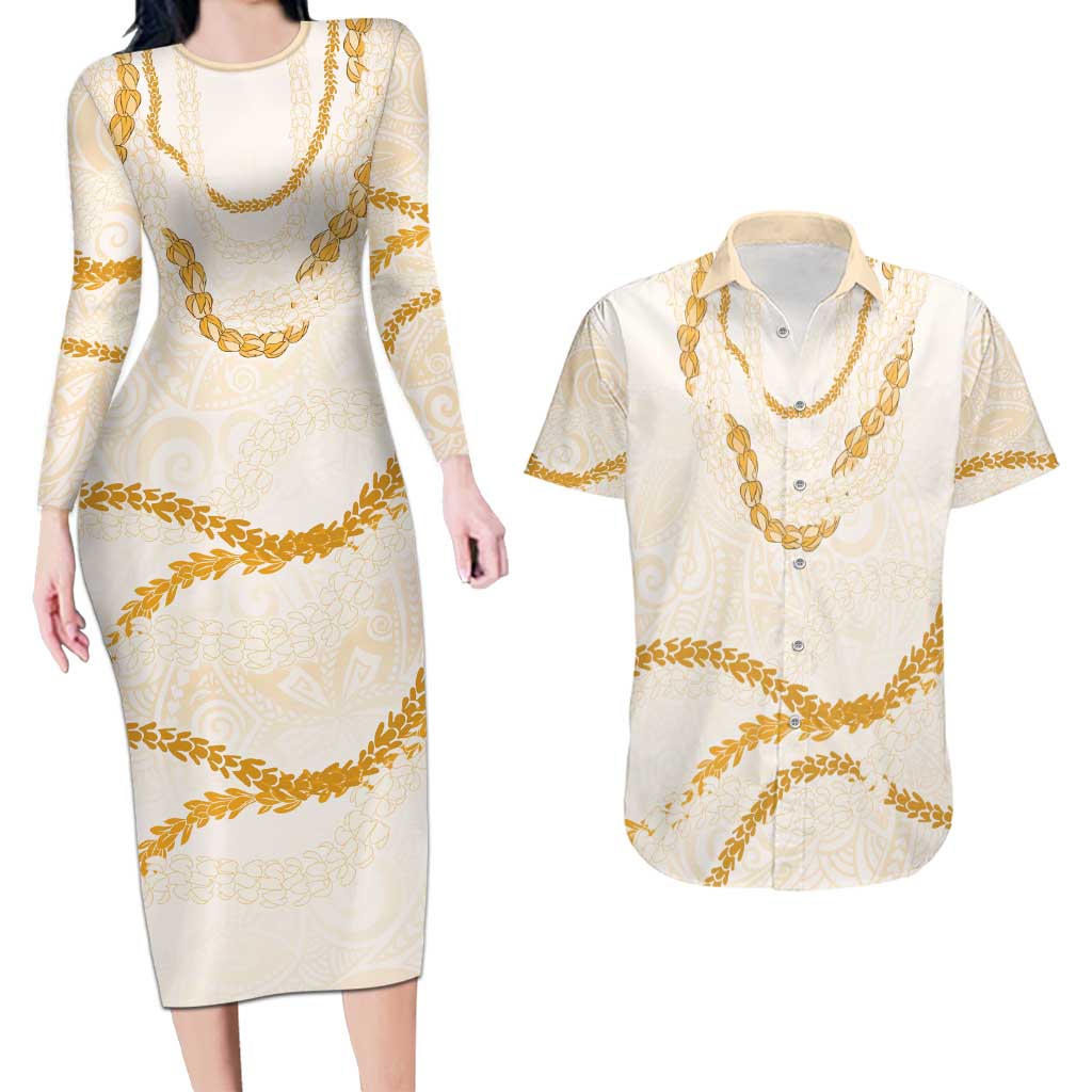 Aloha Lei Mikioi Couples Matching Long Sleeve Bodycon Dress and Hawaiian Shirt Gold Polynesian Tribal Tatau Pattern