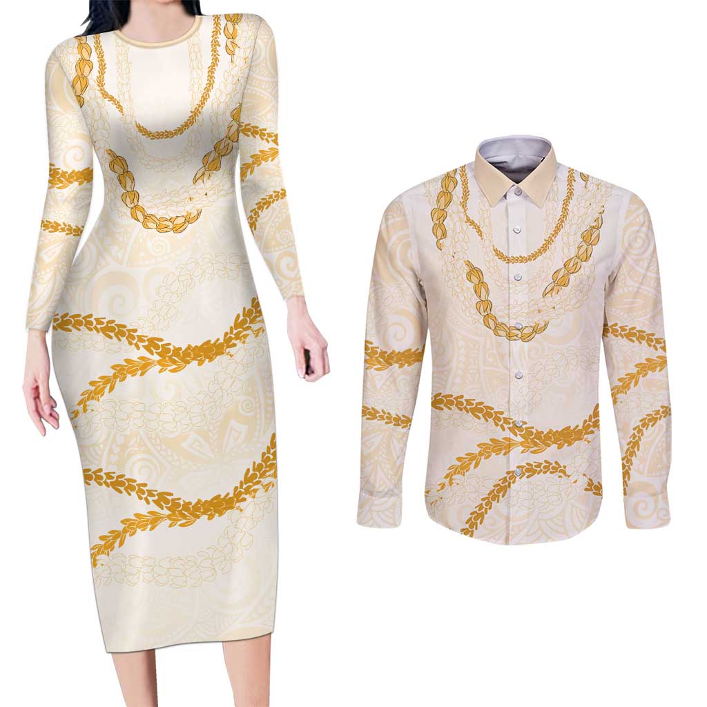 Aloha Lei Mikioi Couples Matching Long Sleeve Bodycon Dress and Long Sleeve Button Shirt Gold Polynesian Tribal Tatau Pattern LT9 Gold - Polynesian Pride