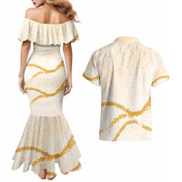 Aloha Lei Mikioi Couples Matching Mermaid Dress and Hawaiian Shirt Gold Polynesian Tribal Tatau Pattern
