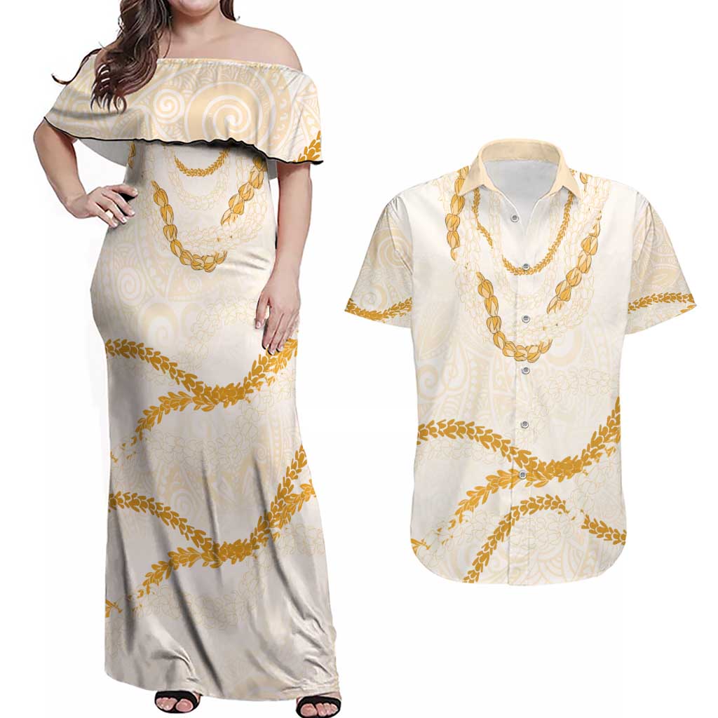 Aloha Lei Mikioi Couples Matching Off Shoulder Maxi Dress and Hawaiian Shirt Gold Polynesian Tribal Tatau Pattern