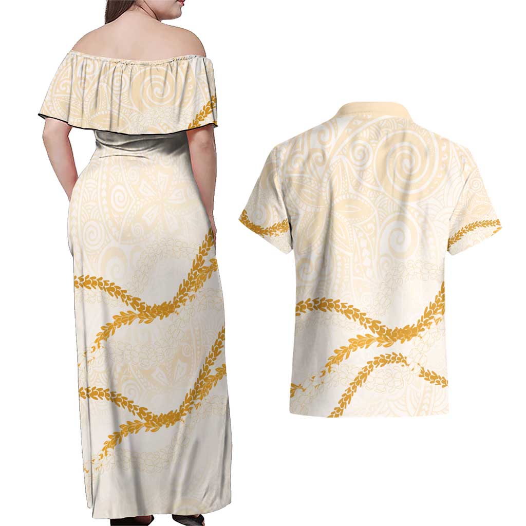 Aloha Lei Mikioi Couples Matching Off Shoulder Maxi Dress and Hawaiian Shirt Gold Polynesian Tribal Tatau Pattern