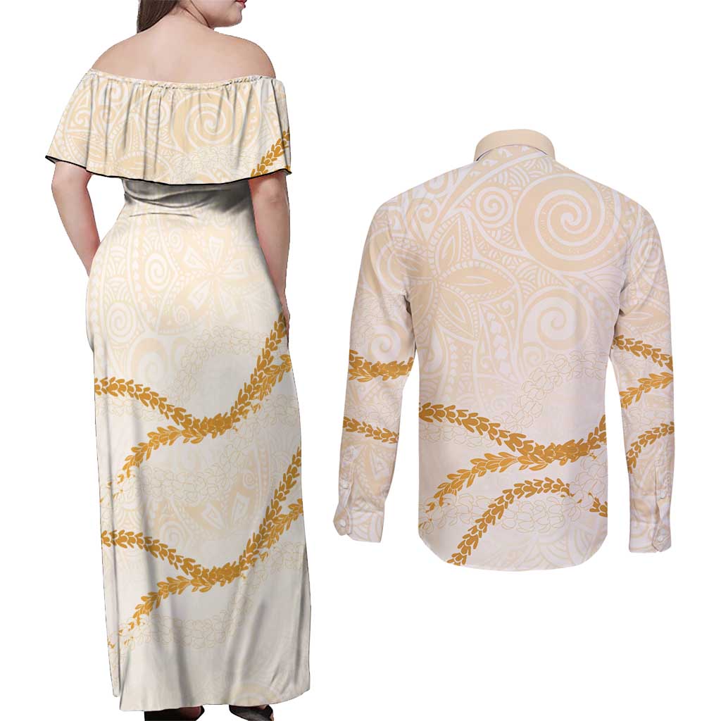 Aloha Lei Mikioi Couples Matching Off Shoulder Maxi Dress and Long Sleeve Button Shirt Gold Polynesian Tribal Tatau Pattern LT9 - Polynesian Pride