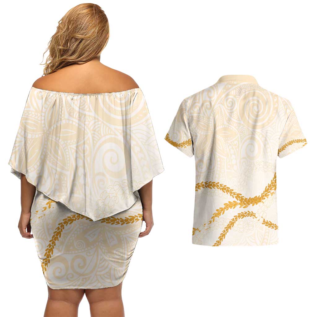 Aloha Lei Mikioi Couples Matching Off Shoulder Short Dress and Hawaiian Shirt Gold Polynesian Tribal Tatau Pattern