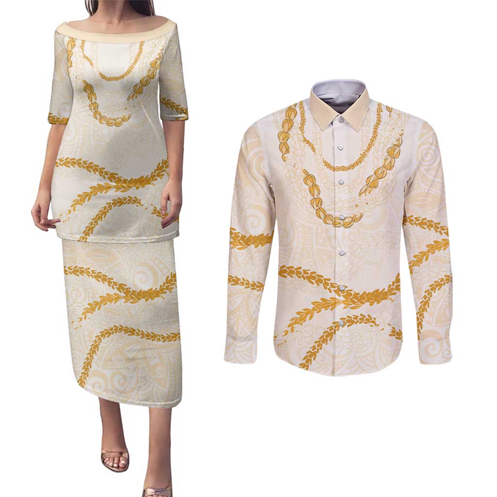 Aloha Lei Mikioi Couples Matching Puletasi and Long Sleeve Button Shirt Gold Polynesian Tribal Tatau Pattern LT9 Gold - Polynesian Pride
