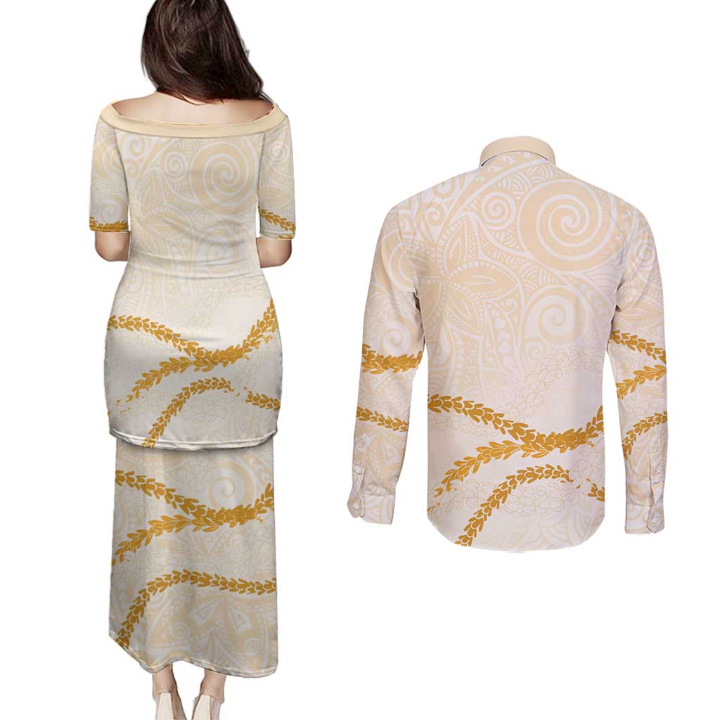 Aloha Lei Mikioi Couples Matching Puletasi and Long Sleeve Button Shirt Gold Polynesian Tribal Tatau Pattern LT9 - Polynesian Pride