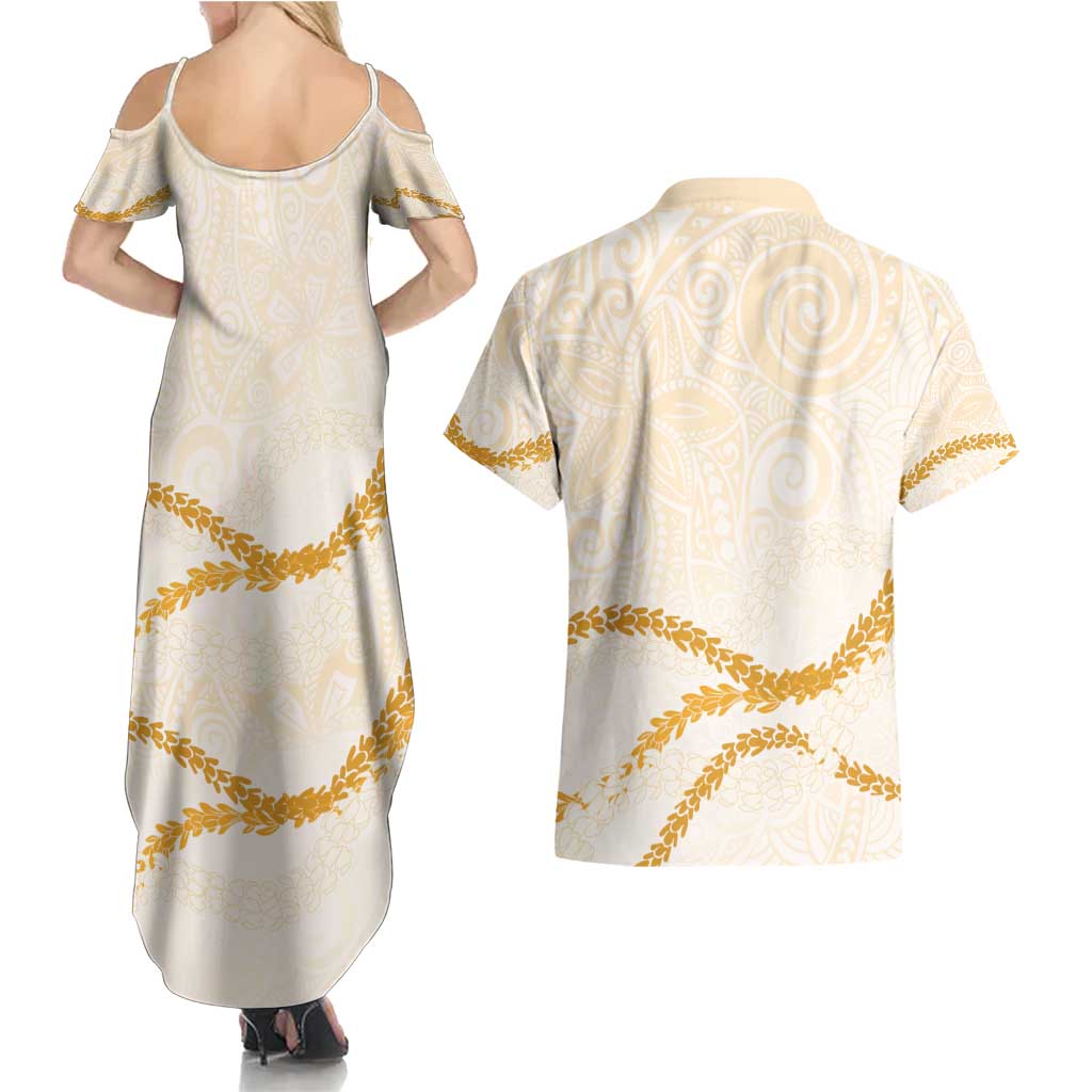 Aloha Lei Mikioi Couples Matching Summer Maxi Dress and Hawaiian Shirt Gold Polynesian Tribal Tatau Pattern