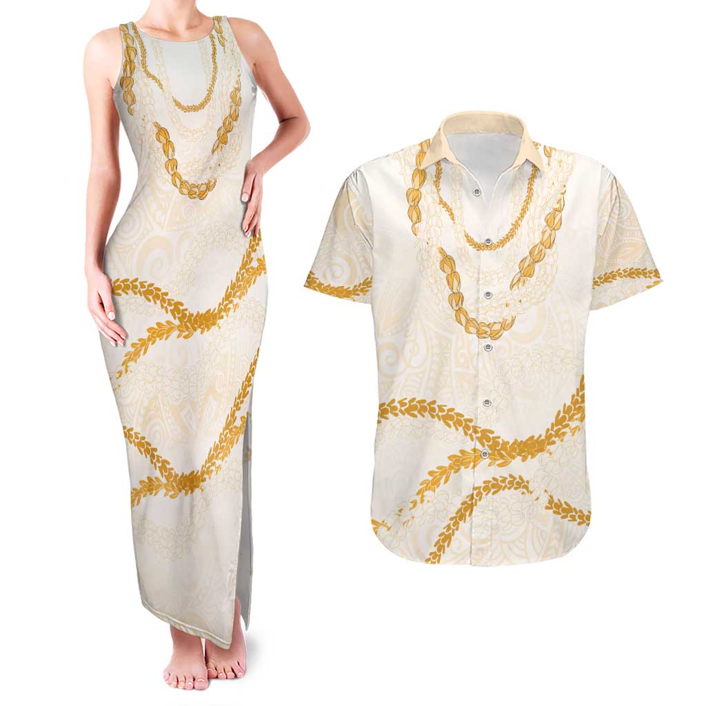 Aloha Lei Mikioi Couples Matching Tank Maxi Dress and Hawaiian Shirt Gold Polynesian Tribal Tatau Pattern