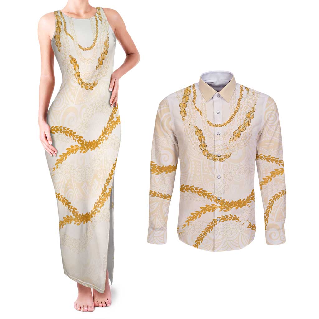 Aloha Lei Mikioi Couples Matching Tank Maxi Dress and Long Sleeve Button Shirt Gold Polynesian Tribal Tatau Pattern LT9 Gold - Polynesian Pride