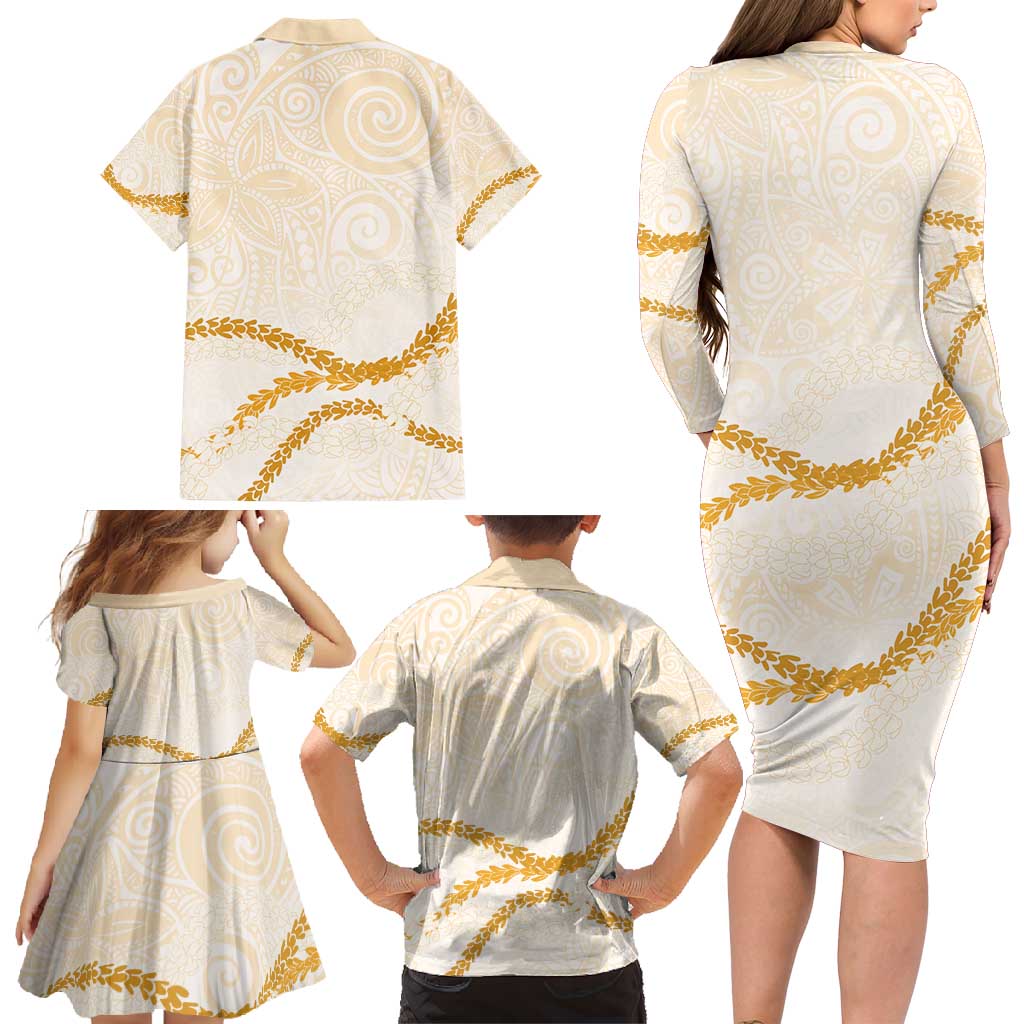 Aloha Lei Mikioi Family Matching Long Sleeve Bodycon Dress and Hawaiian Shirt Gold Polynesian Tribal Tatau Pattern