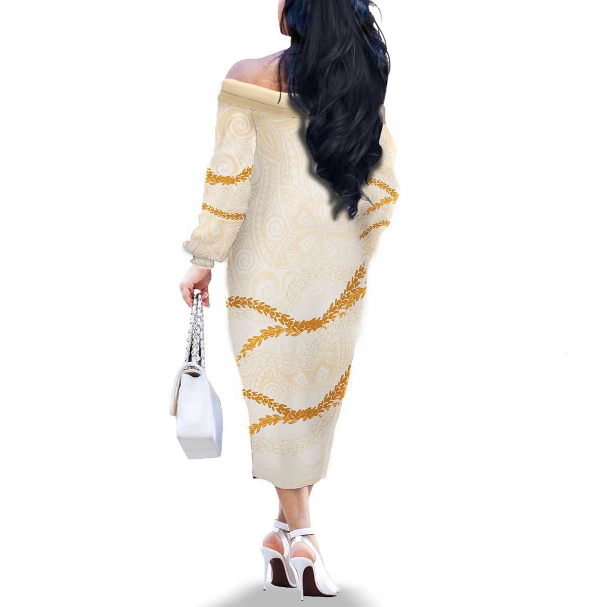 Aloha Lei Mikioi Family Matching Off The Shoulder Long Sleeve Dress and Hawaiian Shirt Gold Polynesian Tribal Tatau Pattern