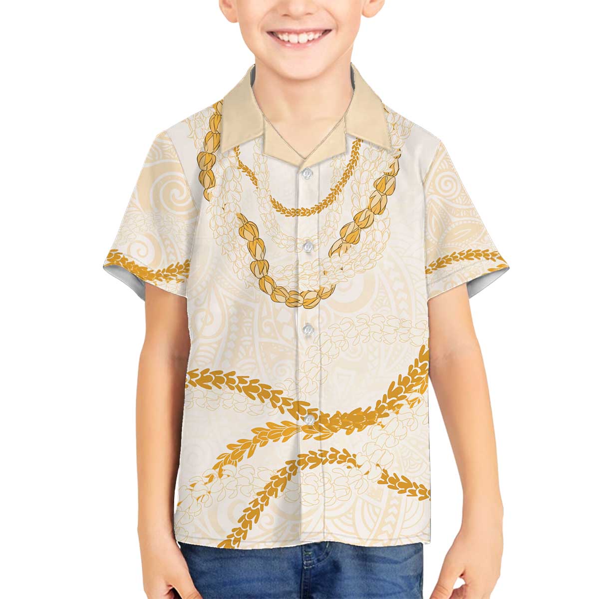 Aloha Lei Mikioi Family Matching Off The Shoulder Long Sleeve Dress and Hawaiian Shirt Gold Polynesian Tribal Tatau Pattern