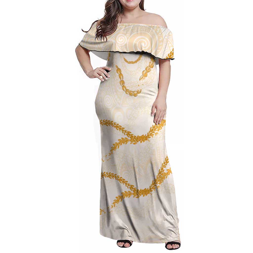 Aloha Lei Mikioi Family Matching Off Shoulder Maxi Dress and Hawaiian Shirt Gold Polynesian Tribal Tatau Pattern