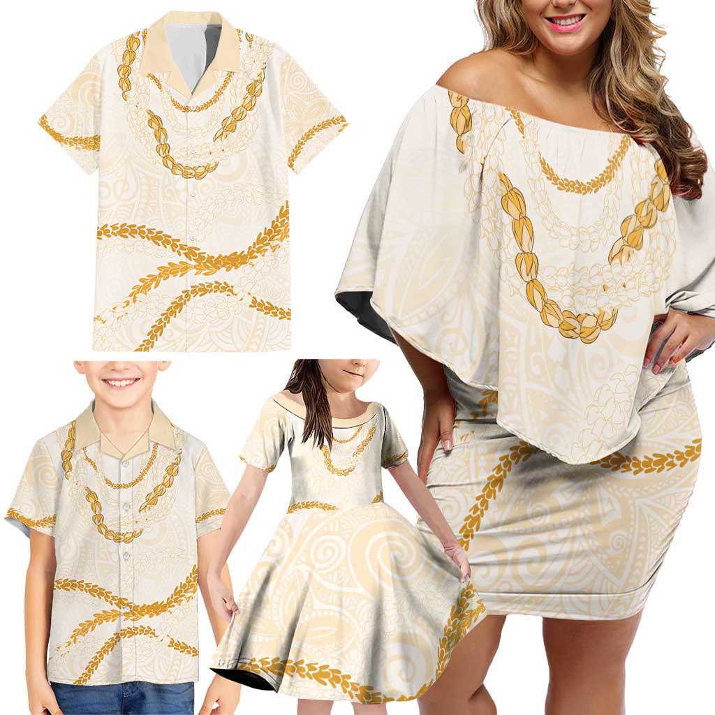 Aloha Lei Mikioi Family Matching Off Shoulder Short Dress and Hawaiian Shirt Gold Polynesian Tribal Tatau Pattern