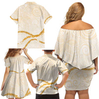 Aloha Lei Mikioi Family Matching Off Shoulder Short Dress and Hawaiian Shirt Gold Polynesian Tribal Tatau Pattern