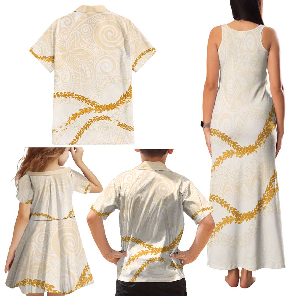 Aloha Lei Mikioi Family Matching Tank Maxi Dress and Hawaiian Shirt Gold Polynesian Tribal Tatau Pattern