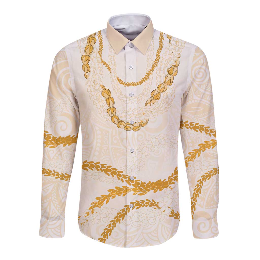 Aloha Lei Mikioi Long Sleeve Button Shirt Gold Polynesian Tribal Tatau Pattern LT9 Unisex Gold - Polynesian Pride