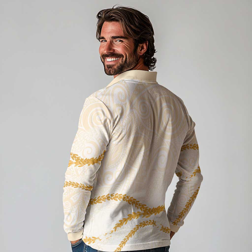 Aloha Lei Mikioi Long Sleeve Polo Shirt Gold Polynesian Tribal Tatau Pattern