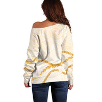 Aloha Lei Mikioi Off Shoulder Sweater Gold Polynesian Tribal Tatau Pattern