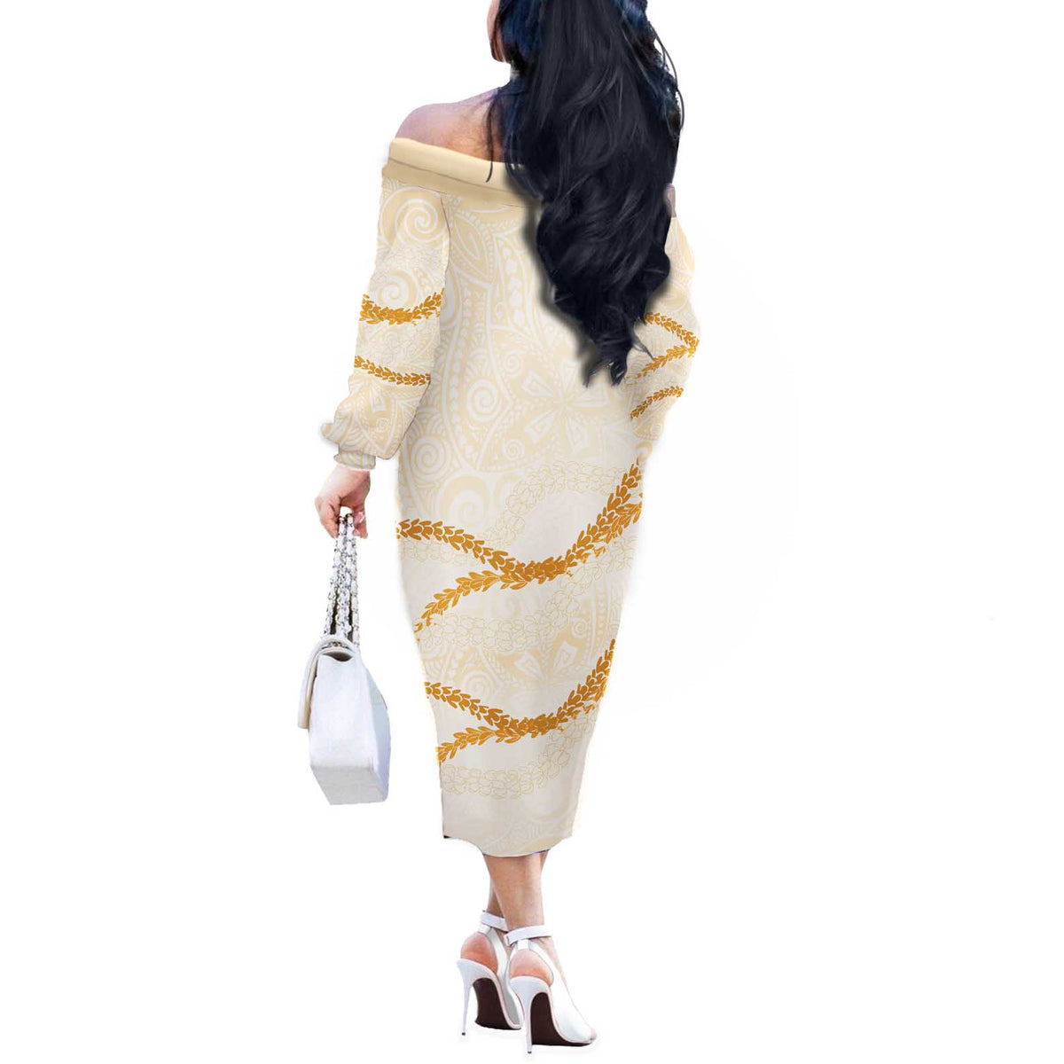 Aloha Lei Mikioi Off The Shoulder Long Sleeve Dress Gold Polynesian Tribal Tatau Pattern