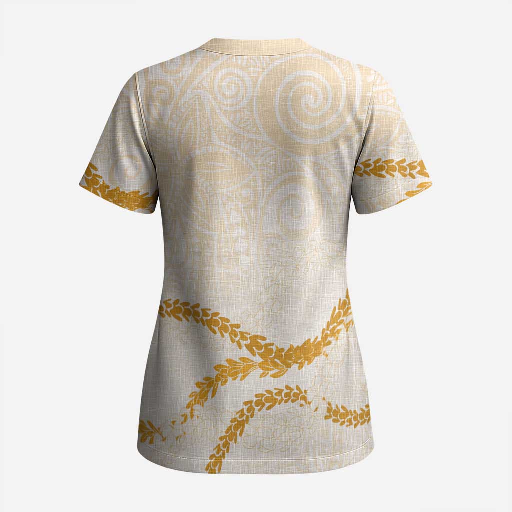 Aloha Lei Mikioi Scrub Top Gold Polynesian Tribal Tatau Pattern - Polynesian Pride