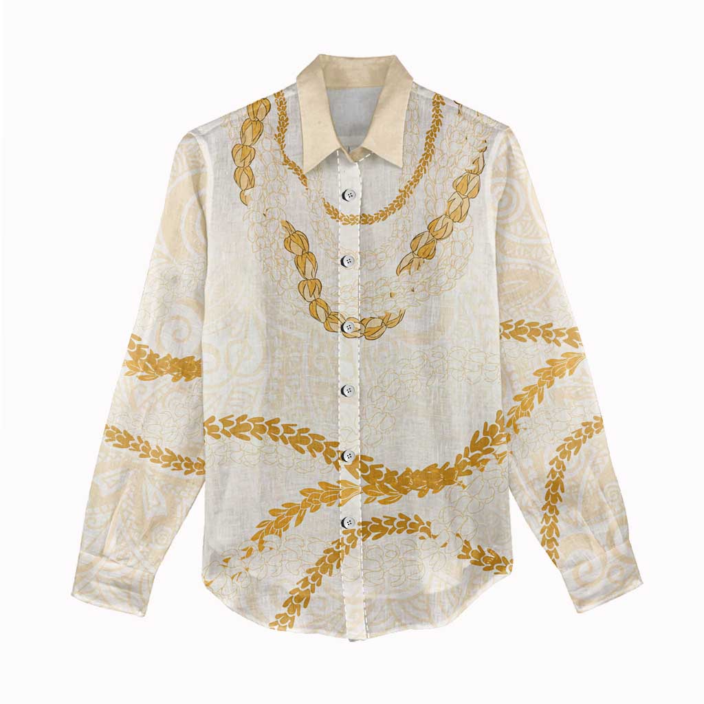 Aloha Lei Mikioi Women Casual Shirt Gold Polynesian Tribal Tatau Pattern