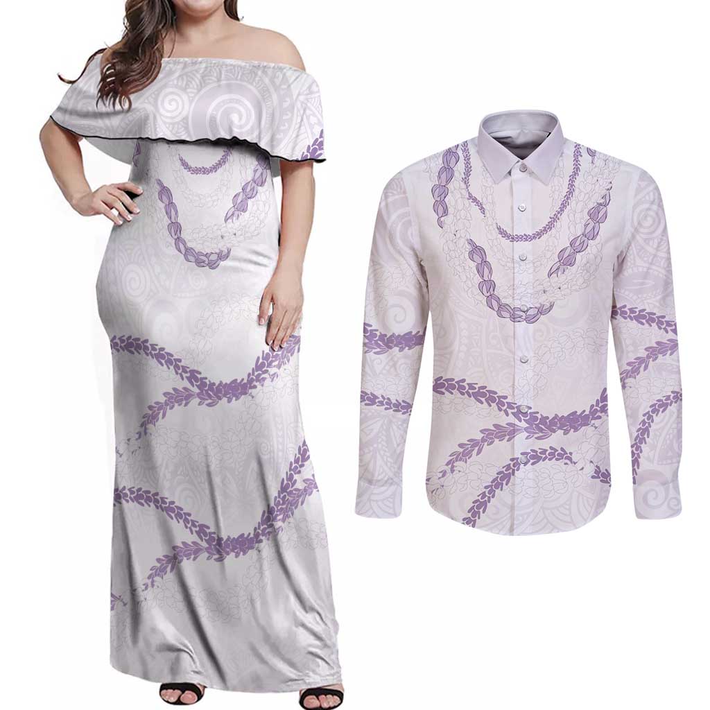 Aloha Lei Mikioi Couples Matching Off Shoulder Maxi Dress and Long Sleeve Button Shirt Purple Polynesian Tribal Tatau Pattern LT9 Purple - Polynesian Pride