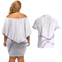 Aloha Lei Mikioi Couples Matching Off Shoulder Short Dress and Hawaiian Shirt Purple Polynesian Tribal Tatau Pattern