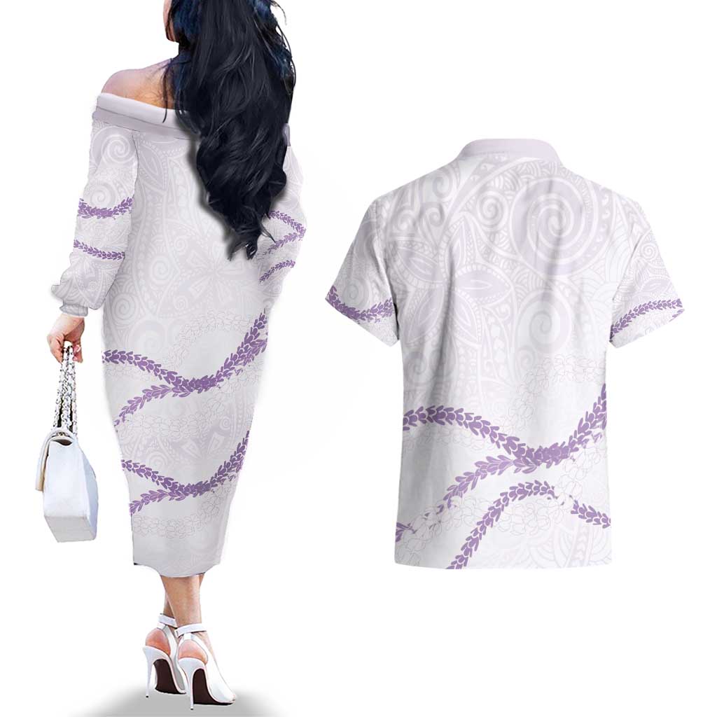 Aloha Lei Mikioi Couples Matching Off The Shoulder Long Sleeve Dress and Hawaiian Shirt Purple Polynesian Tribal Tatau Pattern