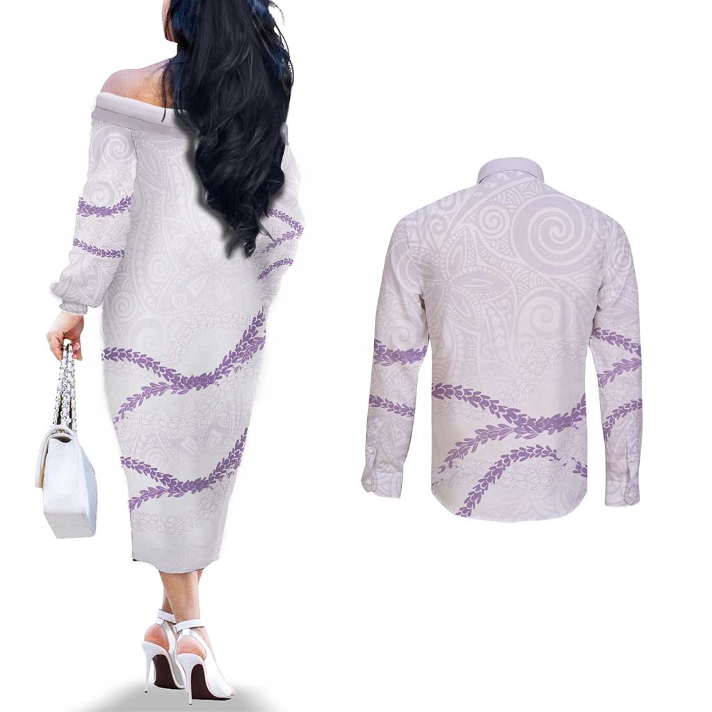 Aloha Lei Mikioi Couples Matching Off The Shoulder Long Sleeve Dress and Long Sleeve Button Shirt Purple Polynesian Tribal Tatau Pattern
