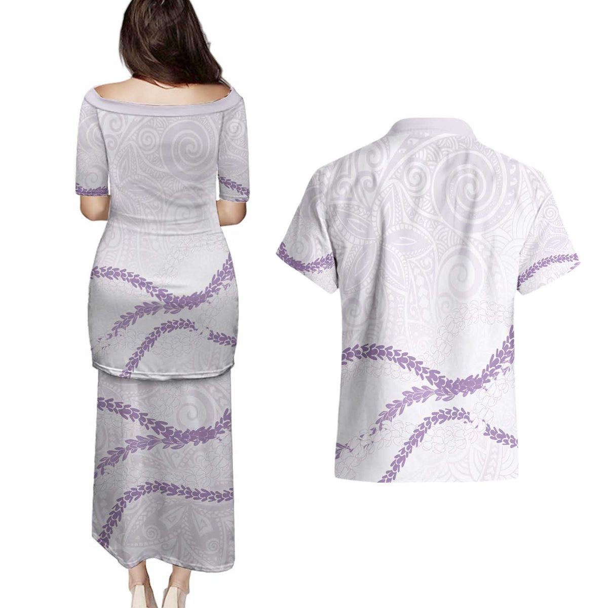 Aloha Lei Mikioi Couples Matching Puletasi and Hawaiian Shirt Purple Polynesian Tribal Tatau Pattern