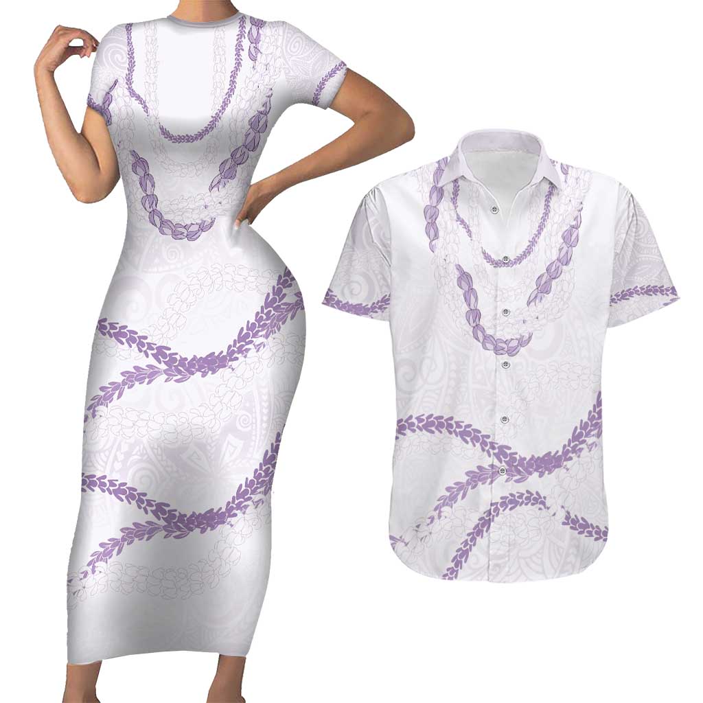 Aloha Lei Mikioi Couples Matching Short Sleeve Bodycon Dress and Hawaiian Shirt Purple Polynesian Tribal Tatau Pattern