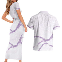 Aloha Lei Mikioi Couples Matching Short Sleeve Bodycon Dress and Hawaiian Shirt Purple Polynesian Tribal Tatau Pattern
