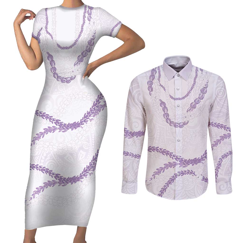 Aloha Lei Mikioi Couples Matching Short Sleeve Bodycon Dress and Long Sleeve Button Shirt Purple Polynesian Tribal Tatau Pattern LT9 Purple - Polynesian Pride