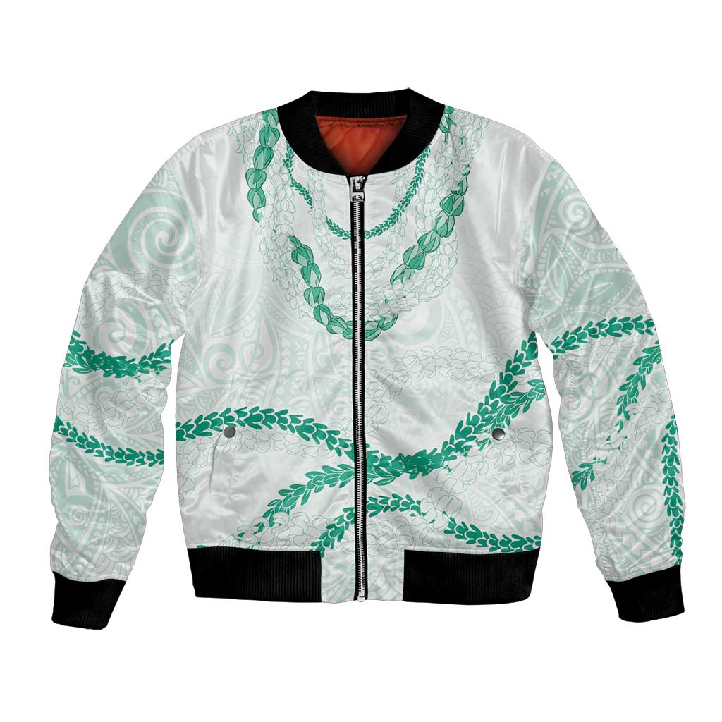Aloha Lei Mikioi Bomber Jacket Sage Green Polynesian Tribal Tatau Pattern