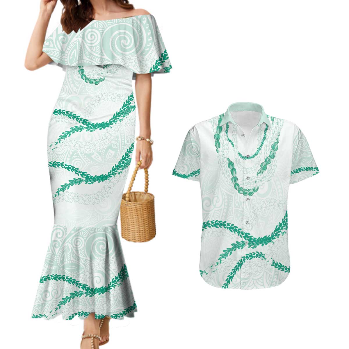 Aloha Lei Mikioi Couples Matching Mermaid Dress and Hawaiian Shirt Sage Green Polynesian Tribal Tatau Pattern LT9 Green - Polynesian Pride