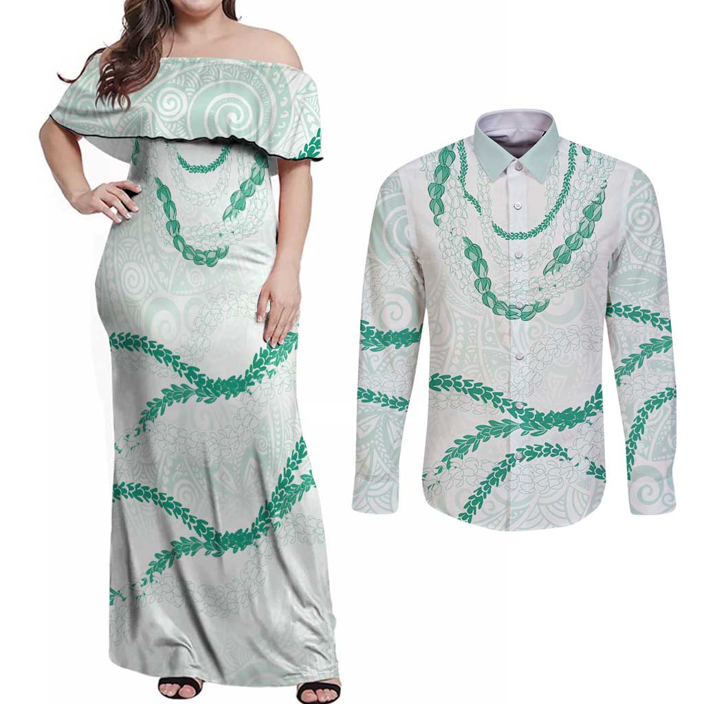 Aloha Lei Mikioi Couples Matching Off Shoulder Maxi Dress and Long Sleeve Button Shirt Sage Green Polynesian Tribal Tatau Pattern LT9 Green - Polynesian Pride