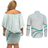 Aloha Lei Mikioi Couples Matching Off Shoulder Short Dress and Long Sleeve Button Shirt Sage Green Polynesian Tribal Tatau Pattern LT9 - Polynesian Pride