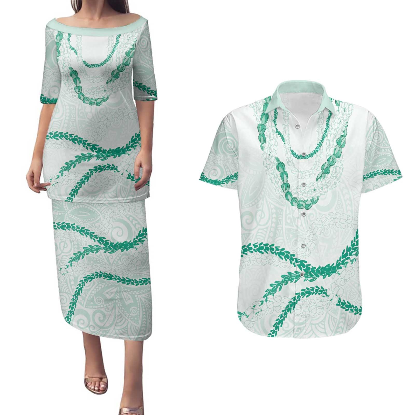 Aloha Lei Mikioi Couples Matching Puletasi and Hawaiian Shirt Sage Green Polynesian Tribal Tatau Pattern LT9 Green - Polynesian Pride