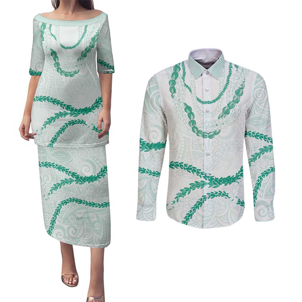 Aloha Lei Mikioi Couples Matching Puletasi and Long Sleeve Button Shirt Sage Green Polynesian Tribal Tatau Pattern LT9 Green - Polynesian Pride
